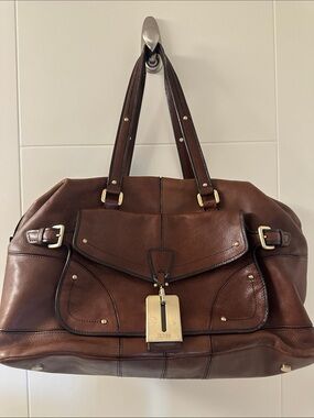 Boss Brown Leather Duffel Bag with Gold Hardware